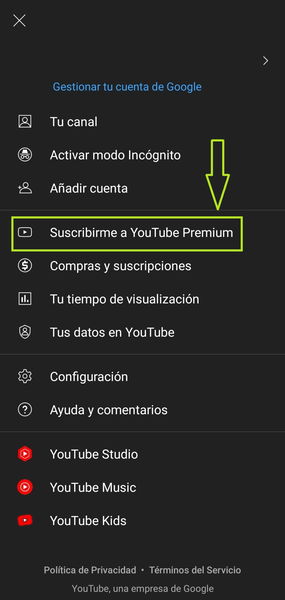 youtube app menu