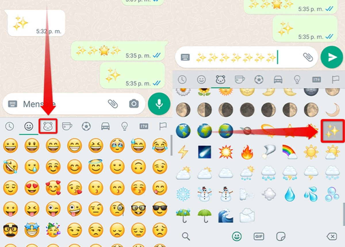 Pasos a seguir para encontrar el emoji Destellos de WhatsApp desde el móvil