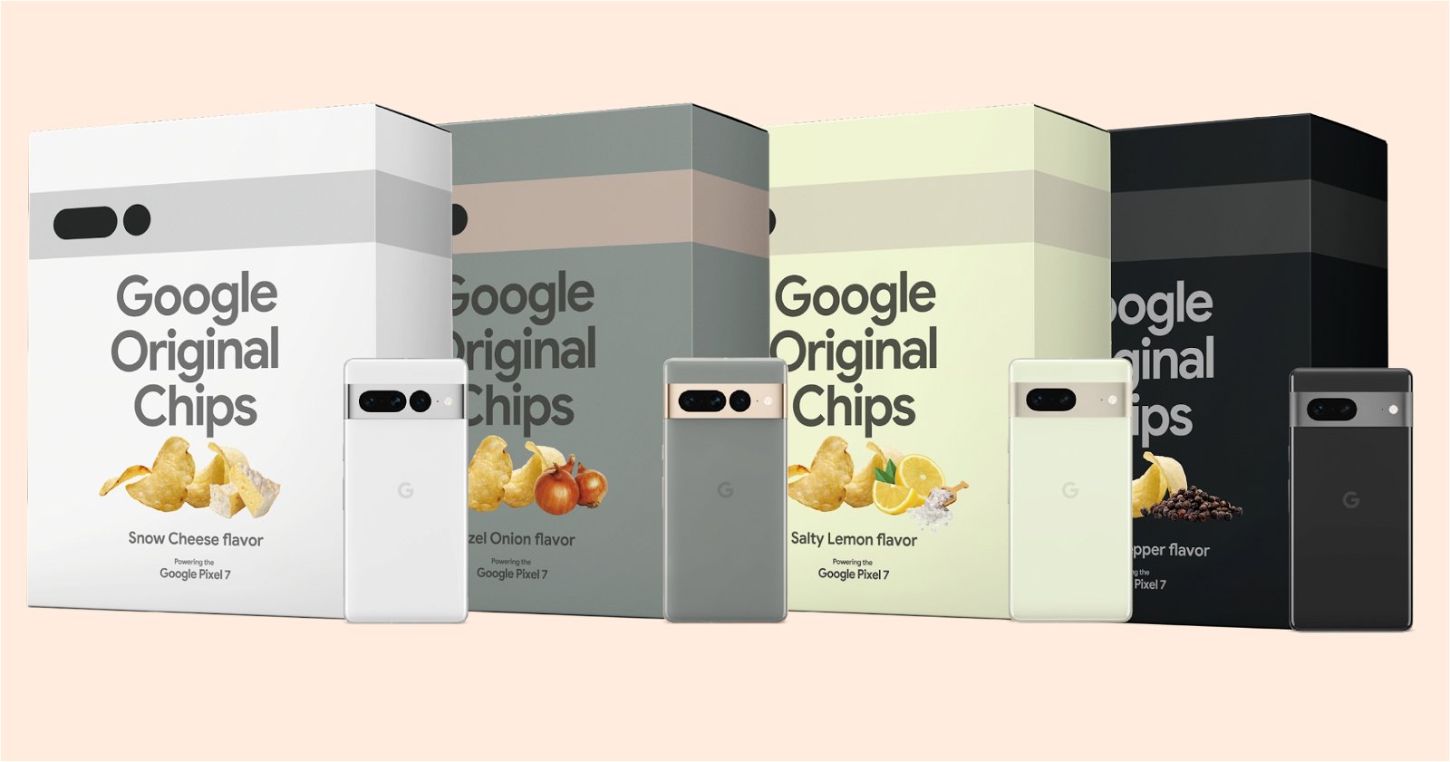Los Google Pixel 7, junto a bolsas de patatas inspiradas en su diseño