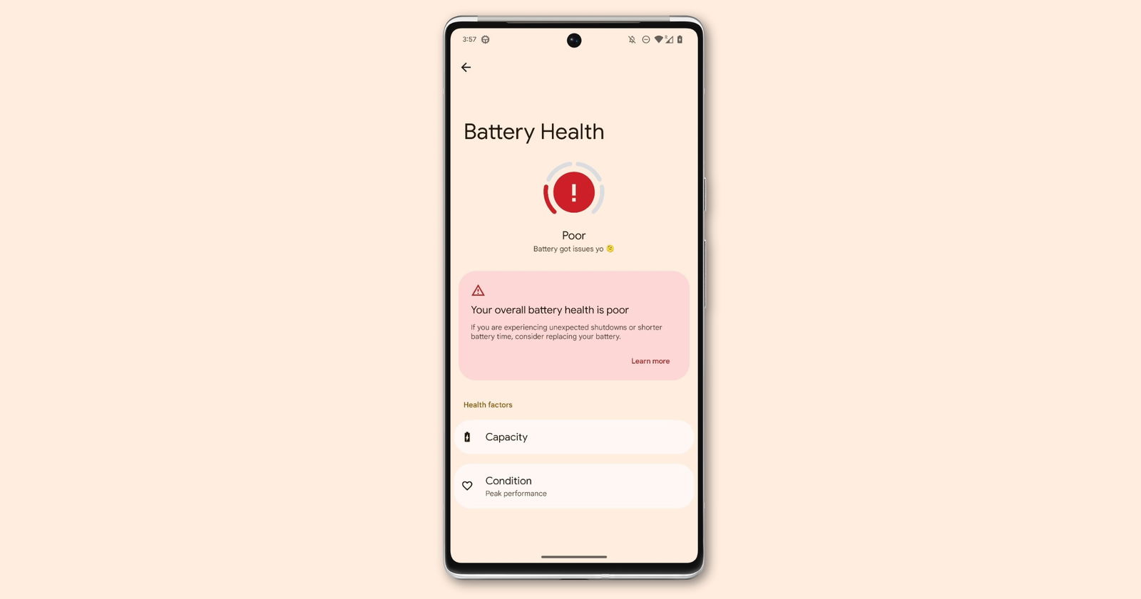 Captura del panel de salud de batería en un Pixel con Android 13