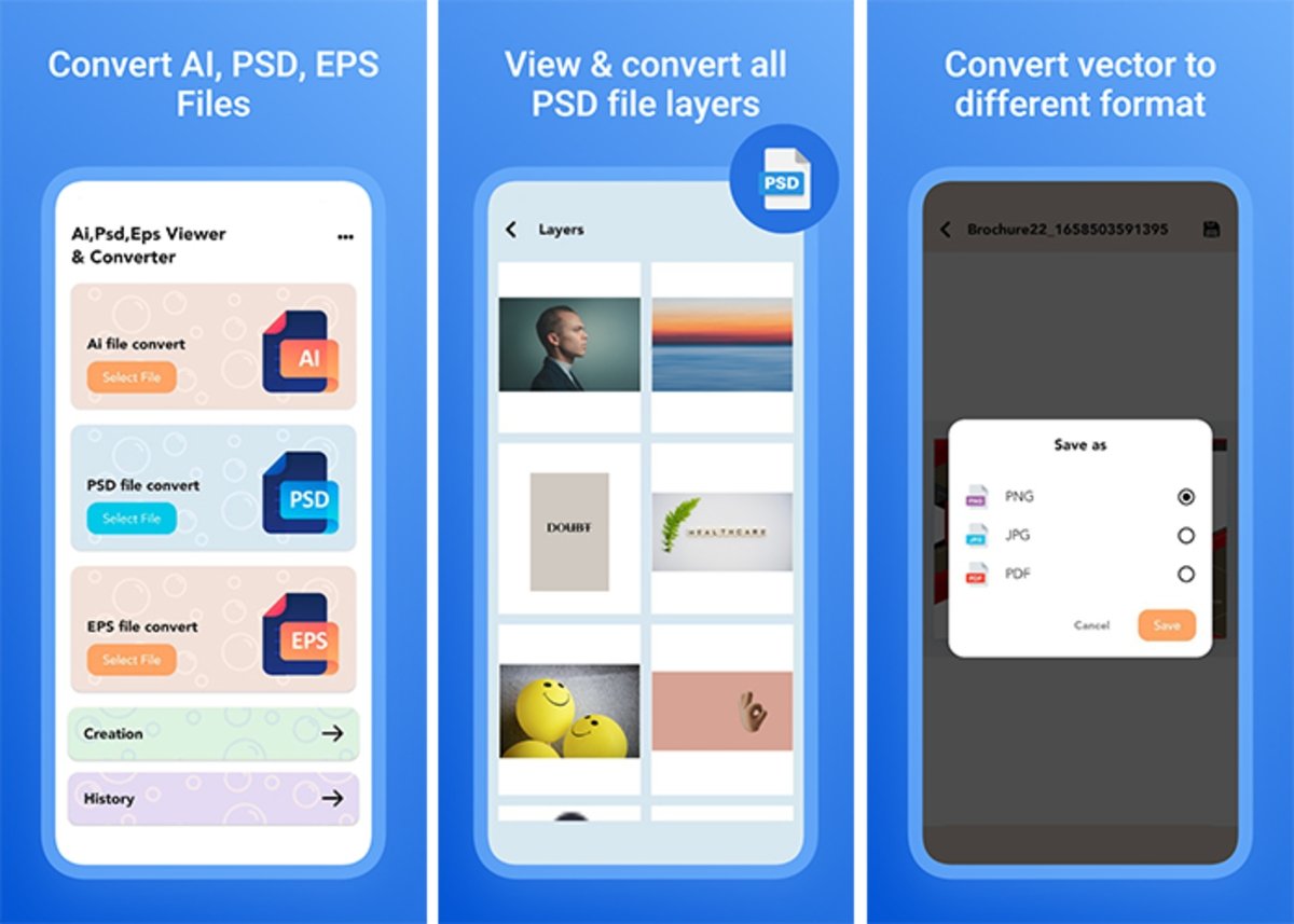 AI PSD EPS Viewer & Converter: ideal para ver archivos PSD, AI y EPS desde el móvil