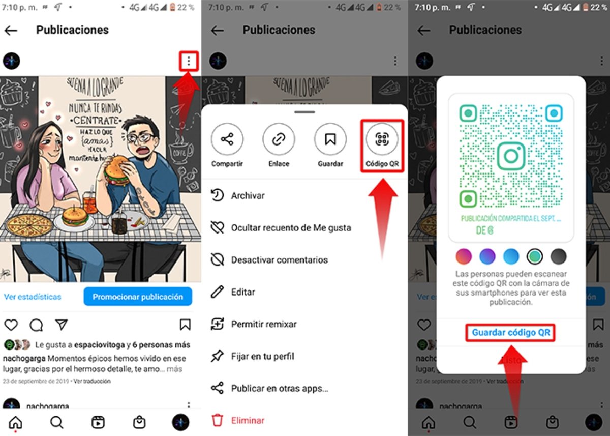 Pasos para compartir una publicación de Instagram por código QR desde Android e iOS