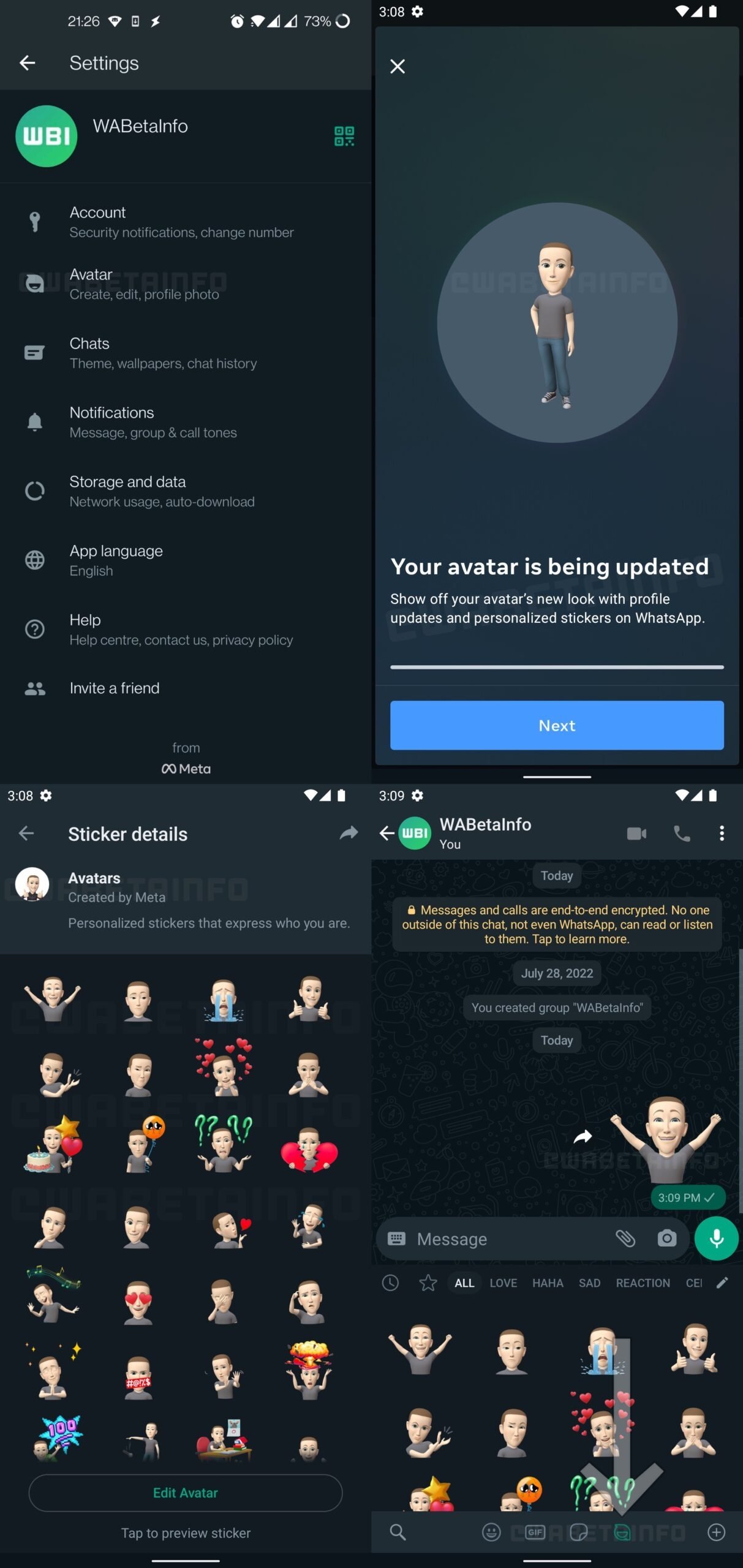 Capturas de pantalla del proceso para crear un avatar personalizado en WhatsApp.