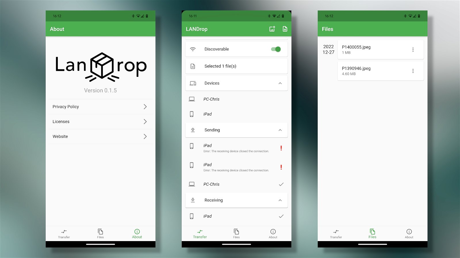 Capturas de pantalla de la aplicación LANDrop
