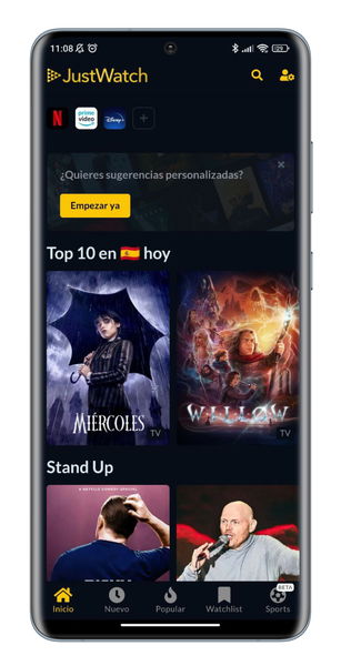 Página principal de la app JustWatch