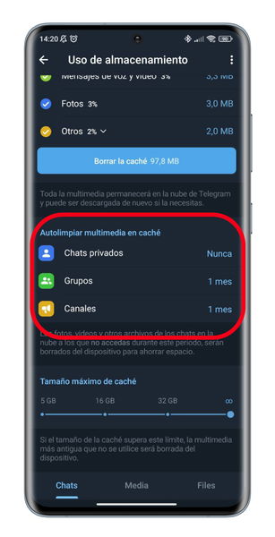 Cómo programar una autolimpieza de datos en Telegram para ahorrar espacio en tu móvil