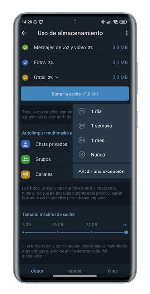 Cómo programar una autolimpieza de datos en Telegram para ahorrar espacio en tu móvil