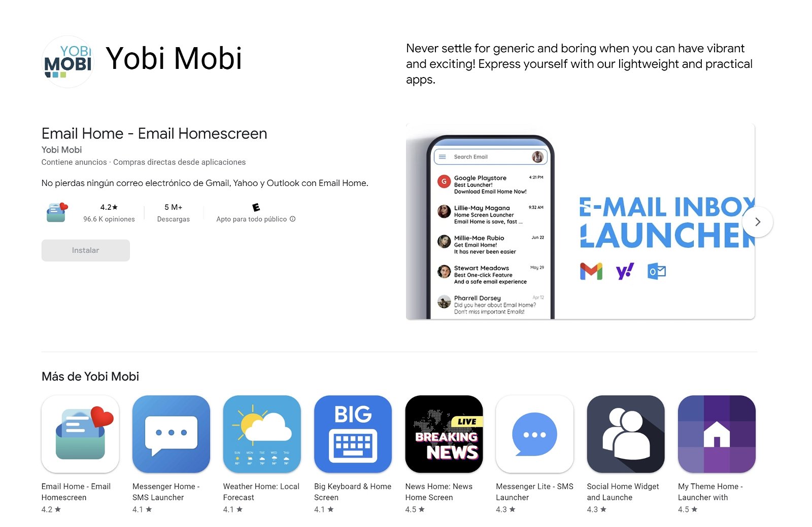 Pagina del desarrollador Yobi Mobi en Google Play
