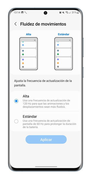 Cambiar tasa de refresco en móviles Samsung