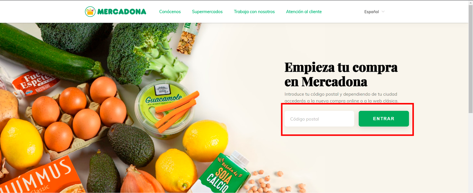 Portal de inicio de la página web de Mercadona