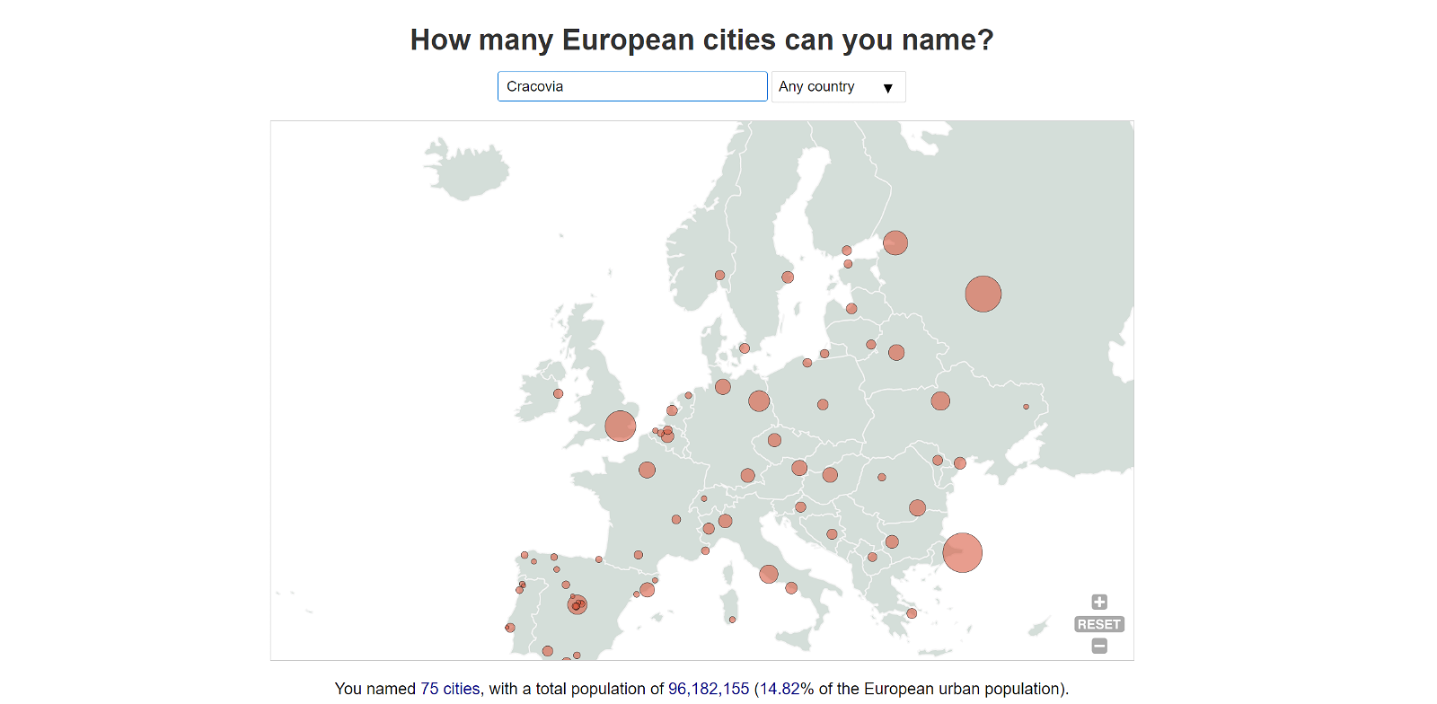 El mapa de Europa con múltiples ciudades señaladas tras haber acertado
