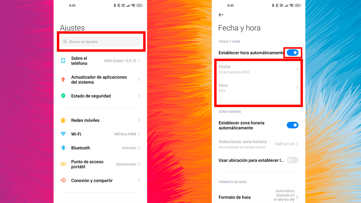 La sección de ajustes y fecha y hora de un teléfono Xiaomi