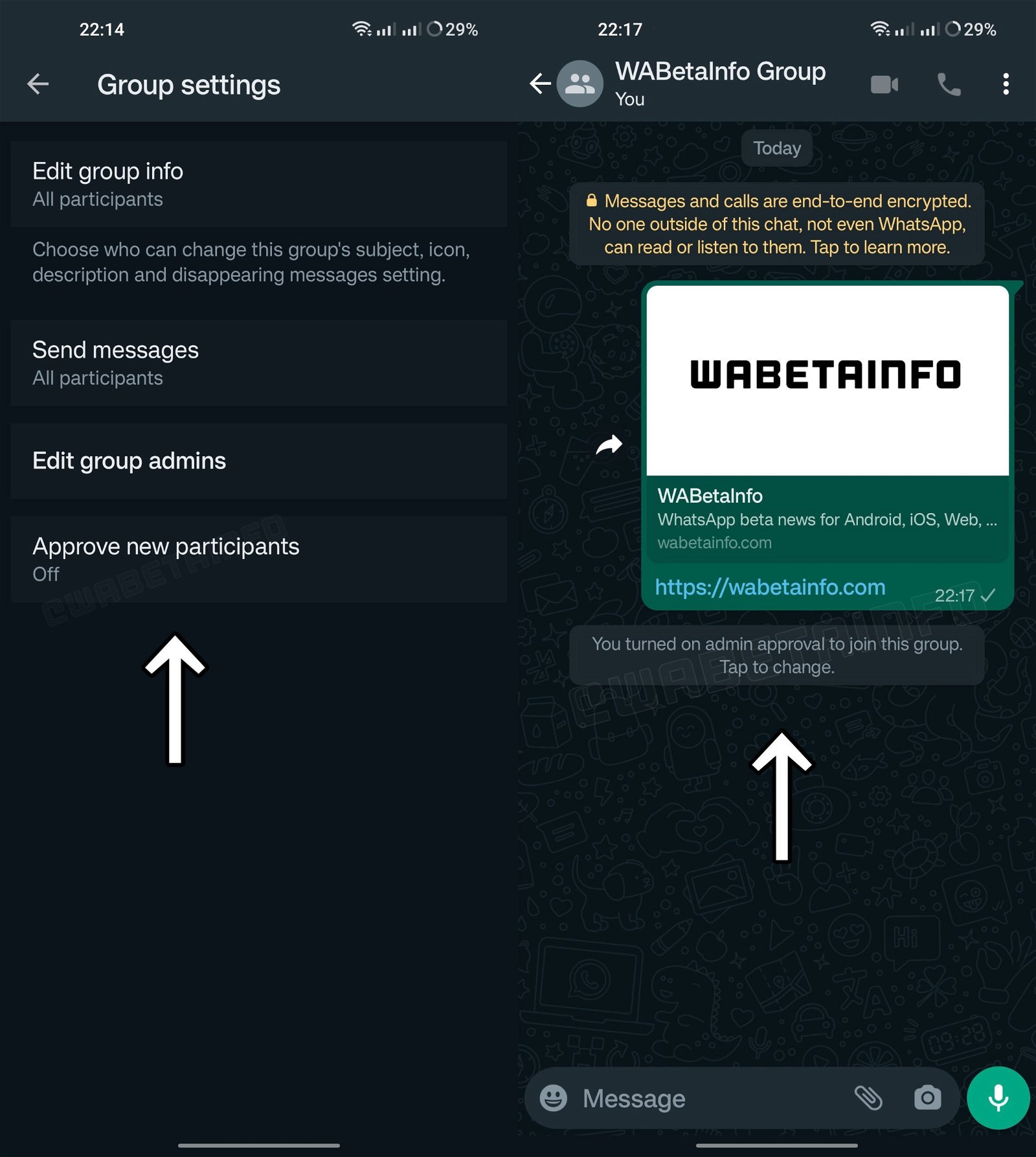Captura de pantalla de las nuevas opciones de administracion en grupos de WhatsApp