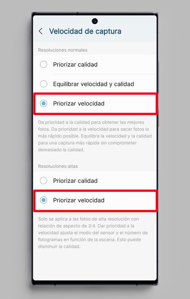 Opciones velocidad captura cámara Samsung