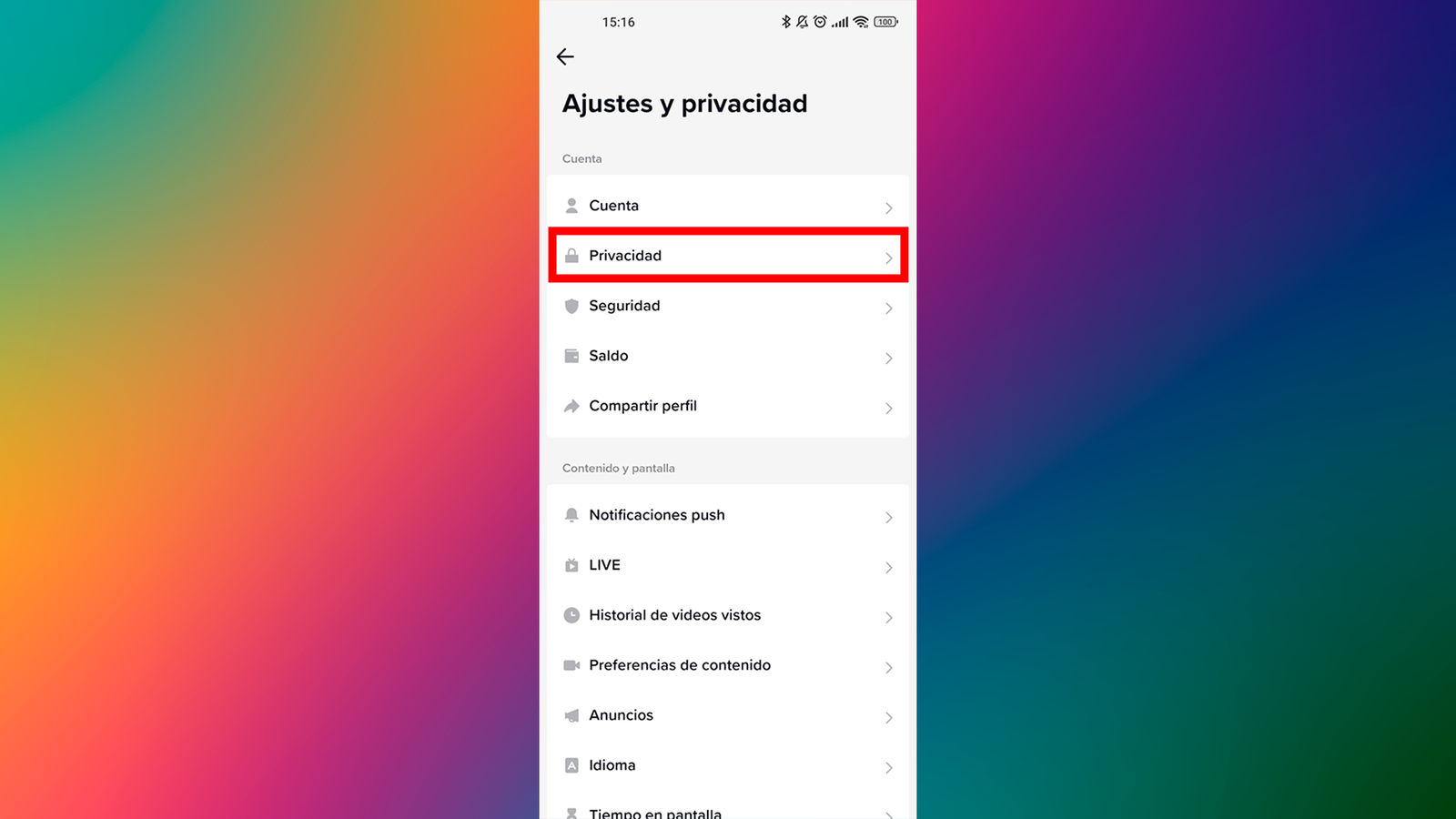 La sección de privacidad de tiktok