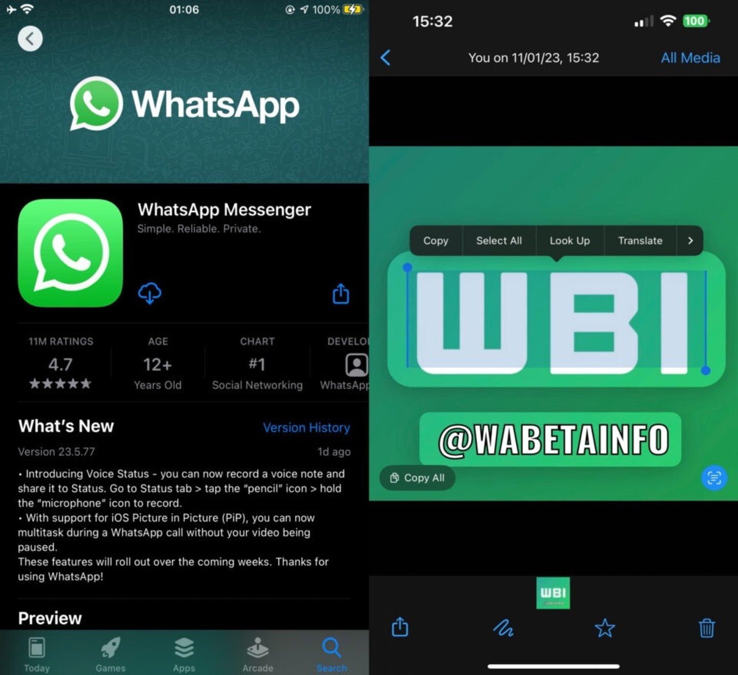 Captura de pantalla que muestra la función de selección de texto en imágenes en la aplicación WhatsApp