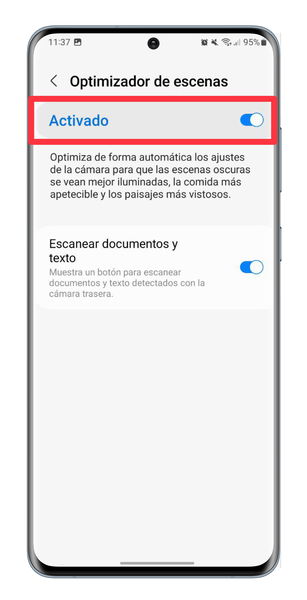 Optimizador de escenas activado de cámara Samsung