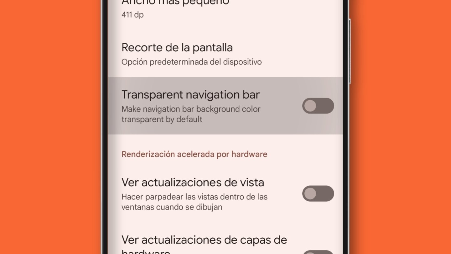 Interfaz del ajuste que permite activar la barra de navegacion transparente en Android 14