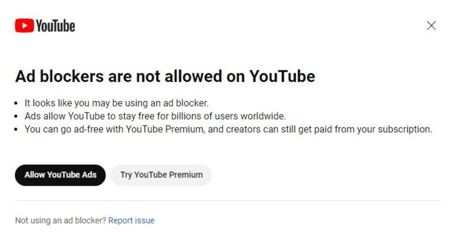 Aviso de bloqueadores de anuncios en YouTube