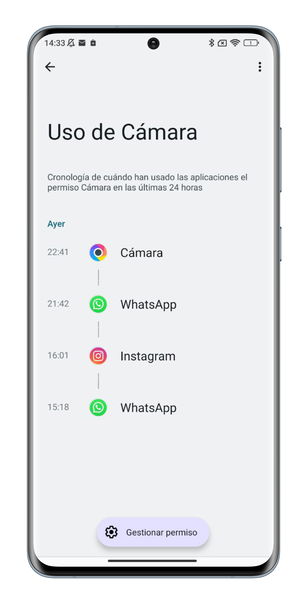 Datos de uso de cámara en un móvil Android