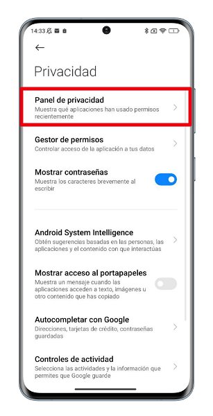 Menú de panel de privacidad en Android