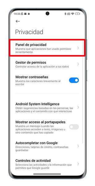 Menú de panel de privacidad en Android