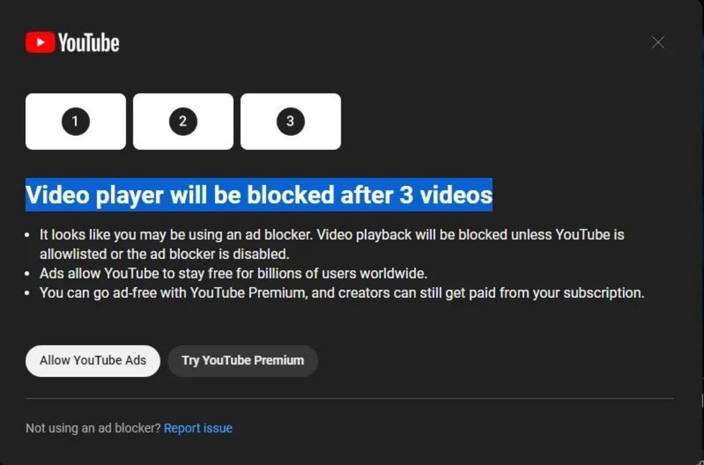 Aviso de bloqueador de anuncios en YouTube