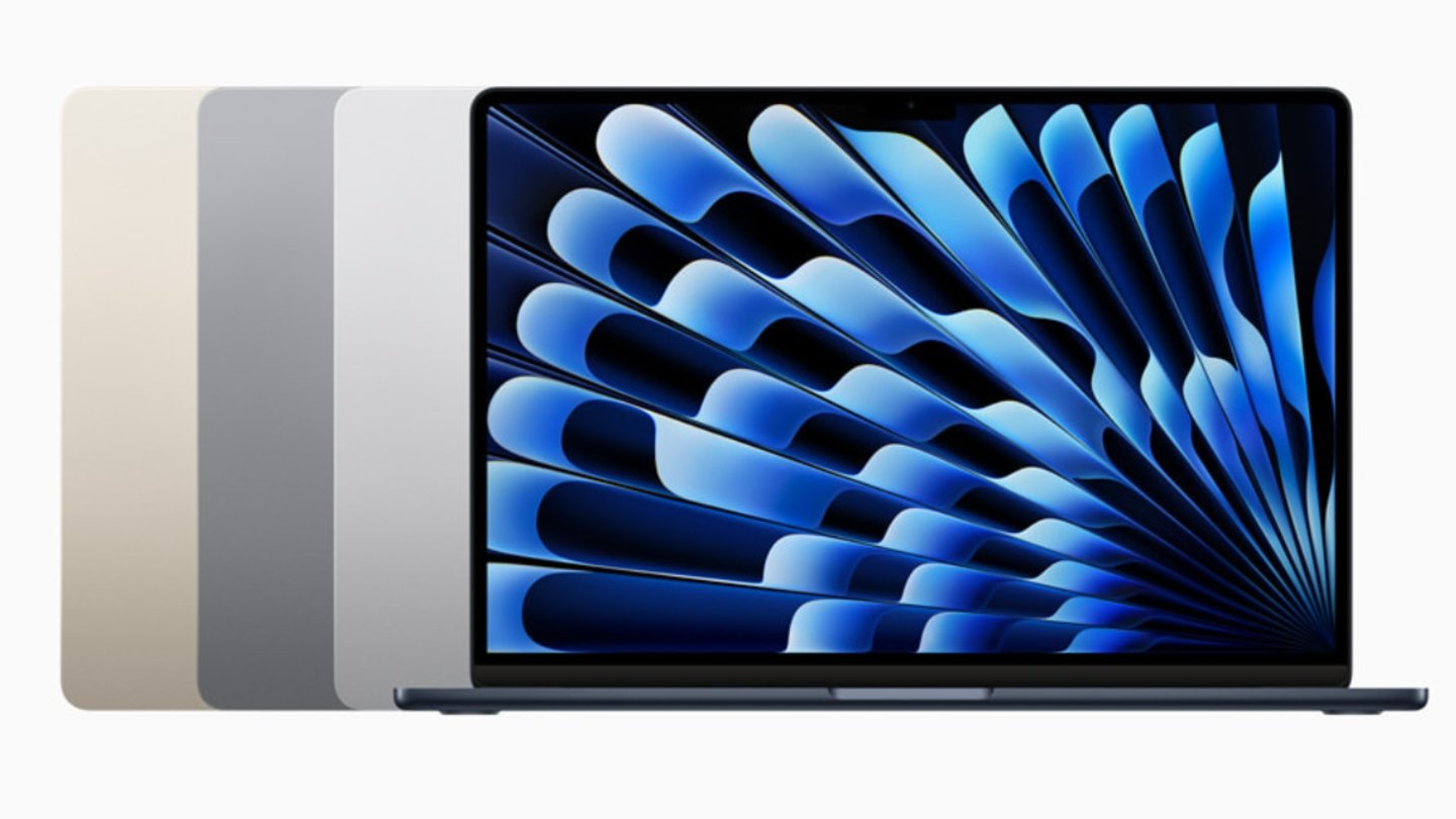 El MacBook Air de 15 pulgadas en los colores medianoche, blanco, plata y gris.