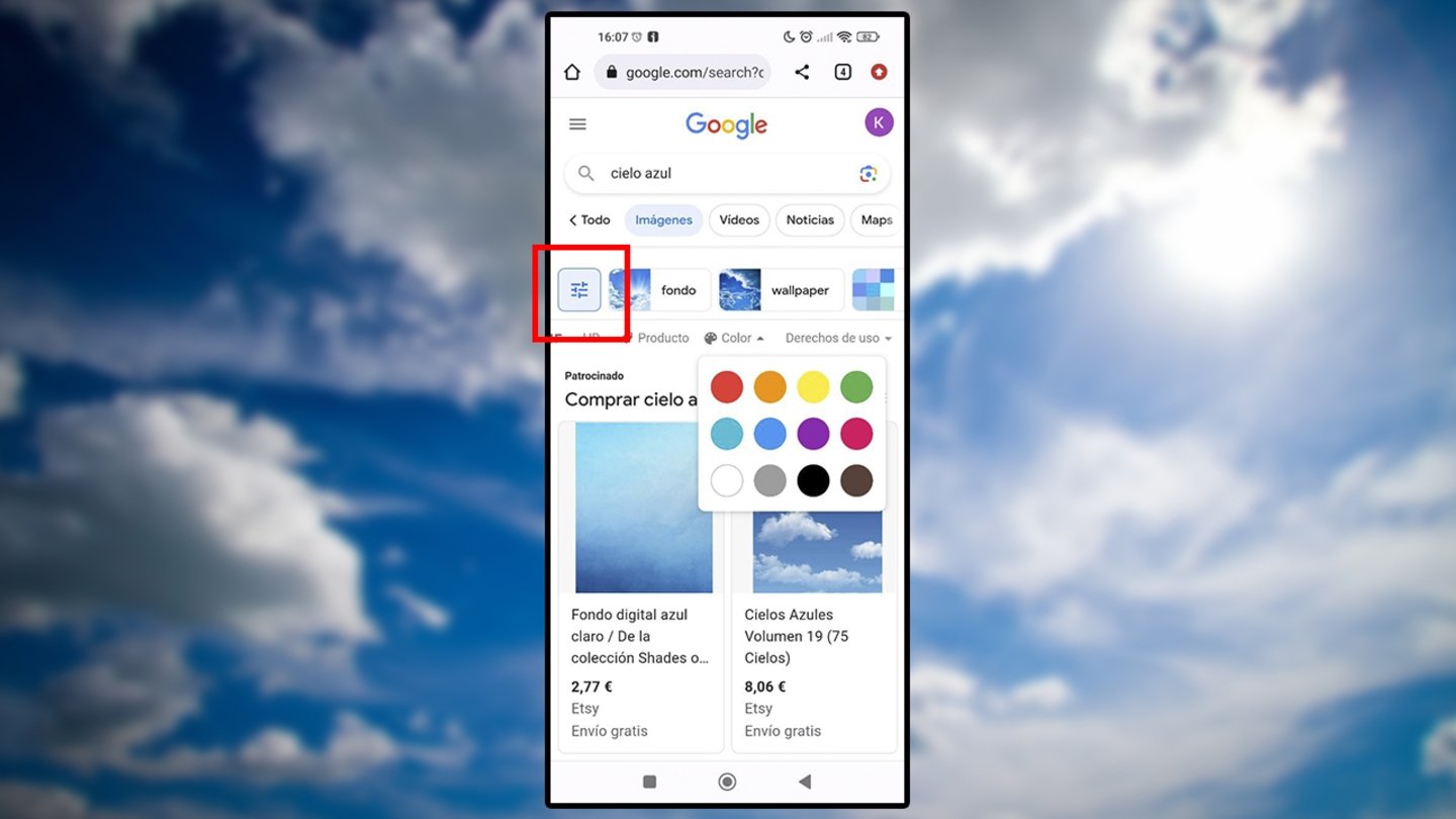 Captura de las herramientas de Google Imágenes para afinar la búsqueda