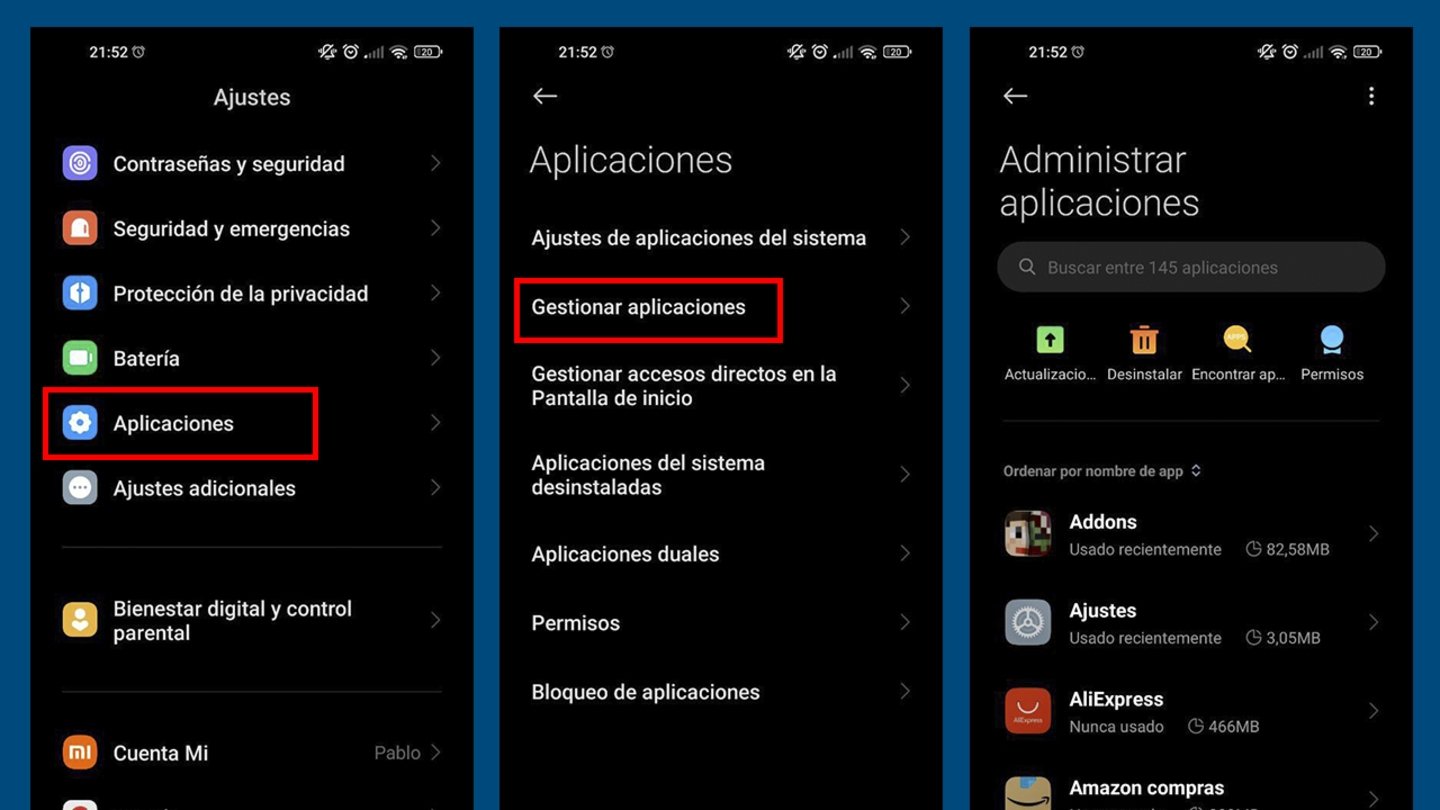 Capturas de pantalla mostrando cómo acceder al menú Administrar aplicaciones