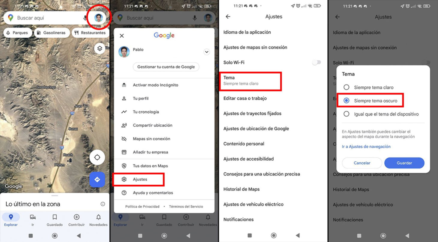 Capturas que muestran cómo activar el modo oscuro en Google Maps