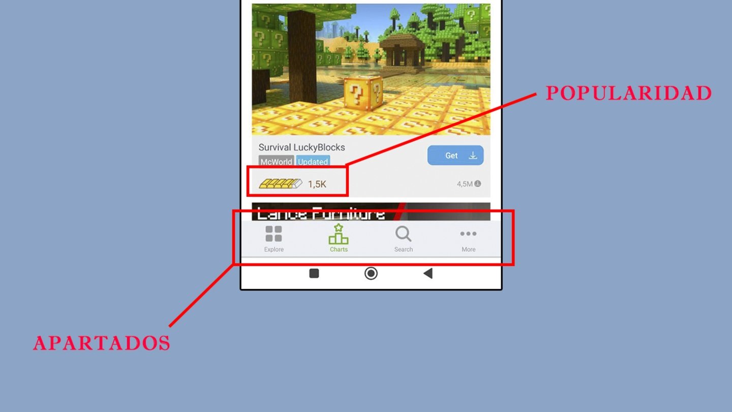 Captura de Addons for Minecraft indicando cuáles son sus apartados y la popularidad de cada uno