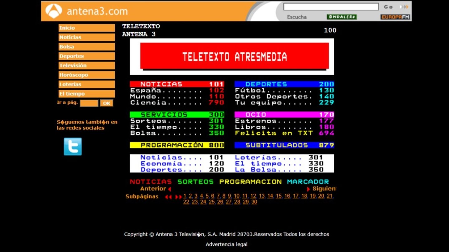Página online de teletexto de Antena 3
