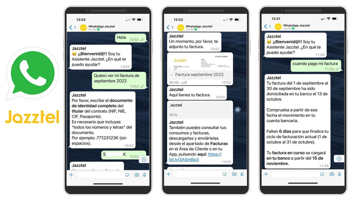 Conversación con el asistente virtual de Jazztel por WhatsApp