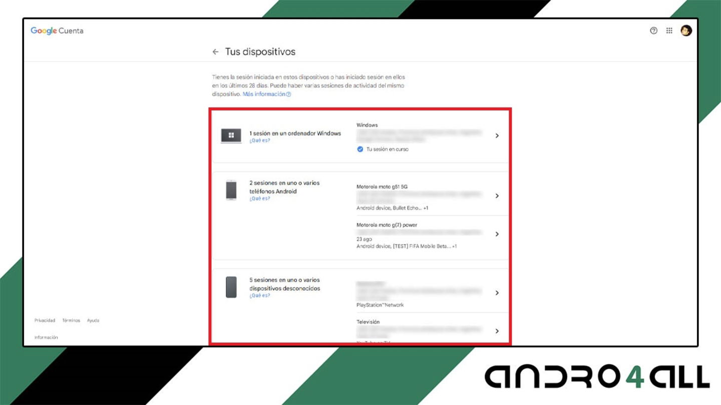 Dispositivos conectados a tu cuenta de Google