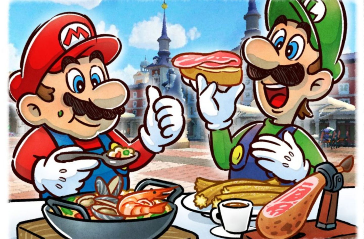 Mario y Luigi comienzo zarzuela, pan con jamón, café y churros