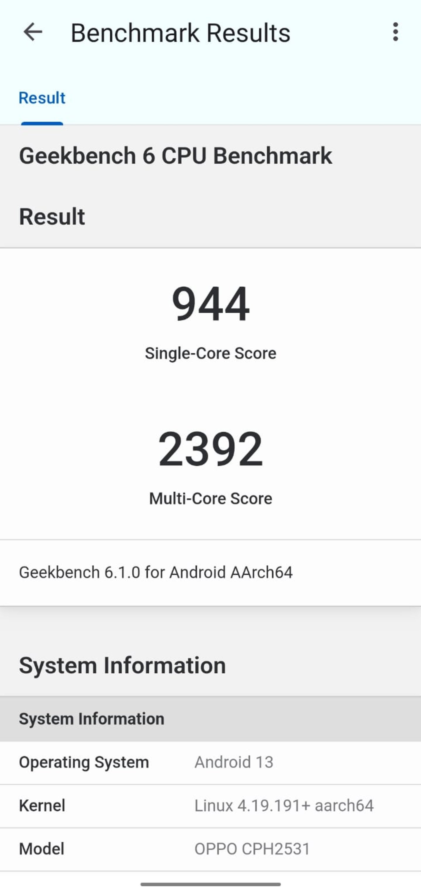 944 en single core y 2392 en multicore según el Geekbench