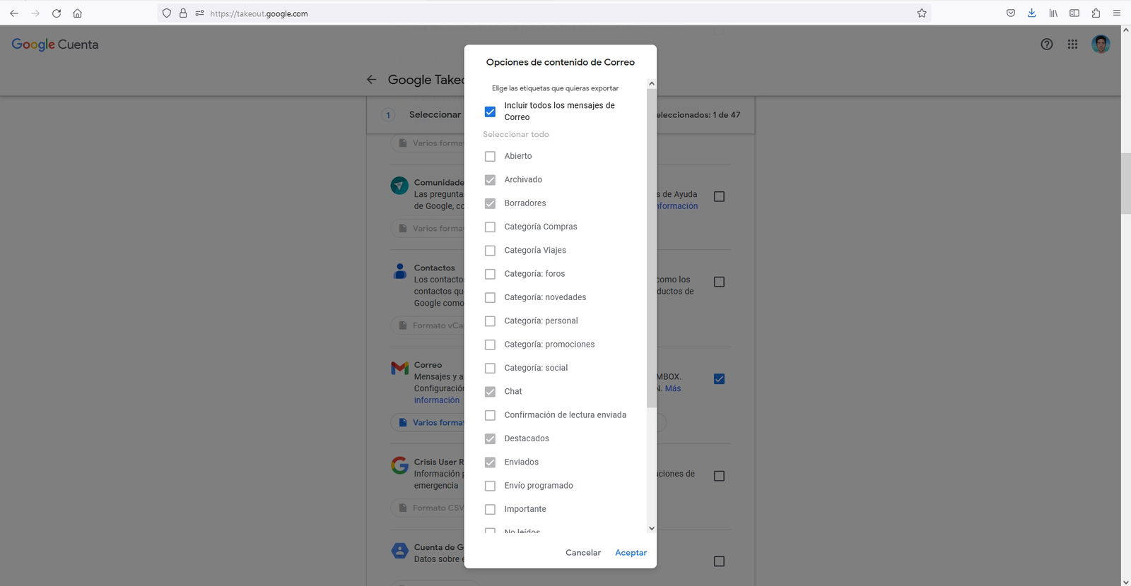 Captura de Google Takeout para descargar los correos