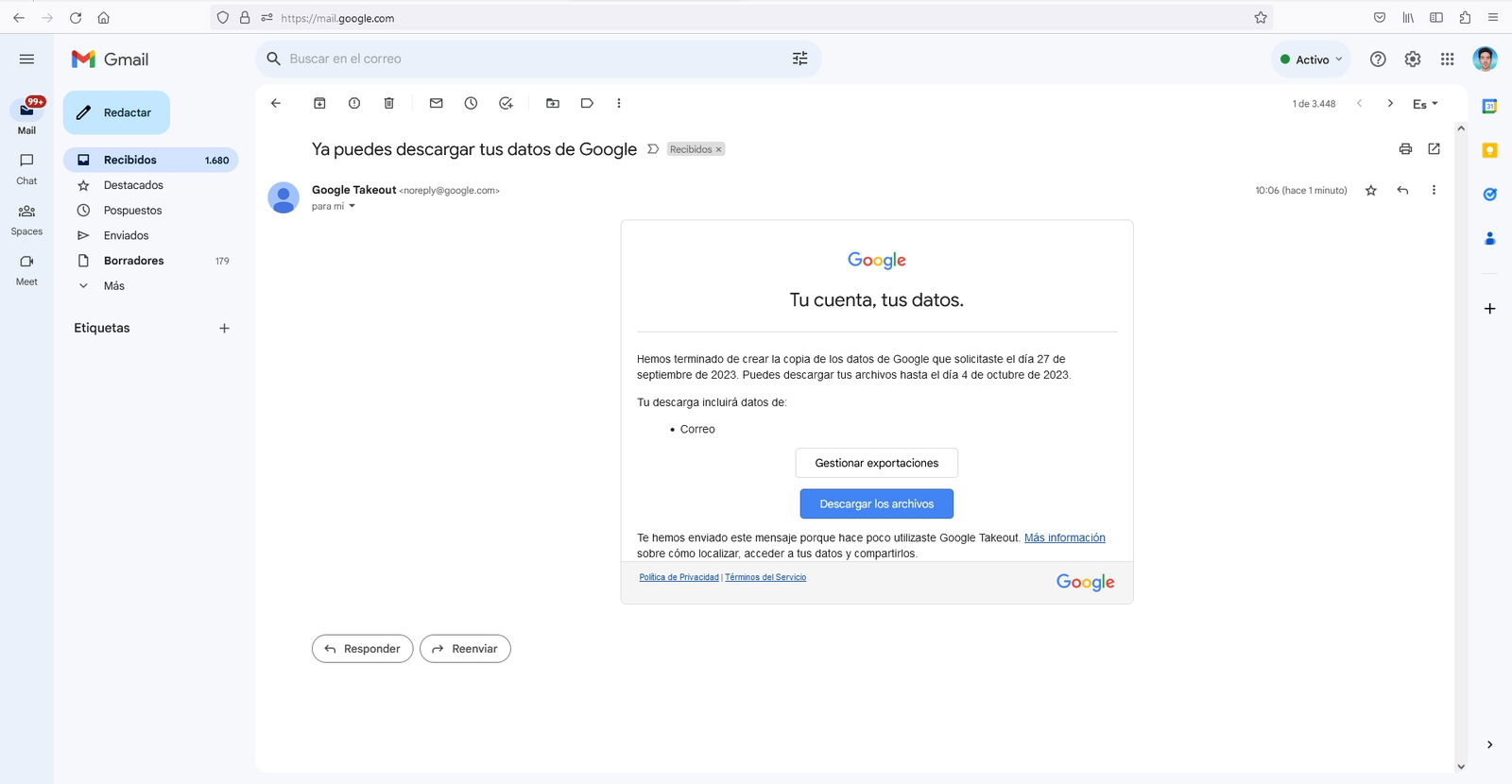 Descargar mis correos Gmail