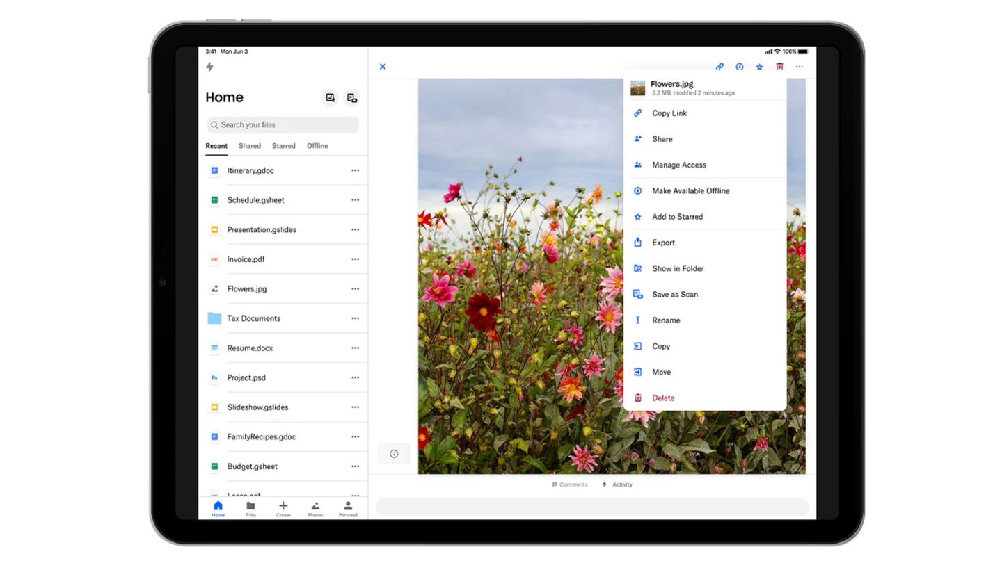 App de Dropbox en una tablet