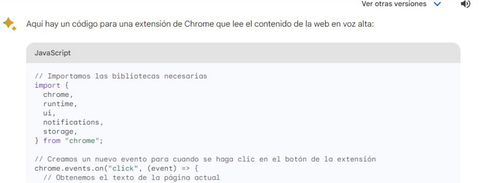 Código de una extensión de Chrome creada con Bard.