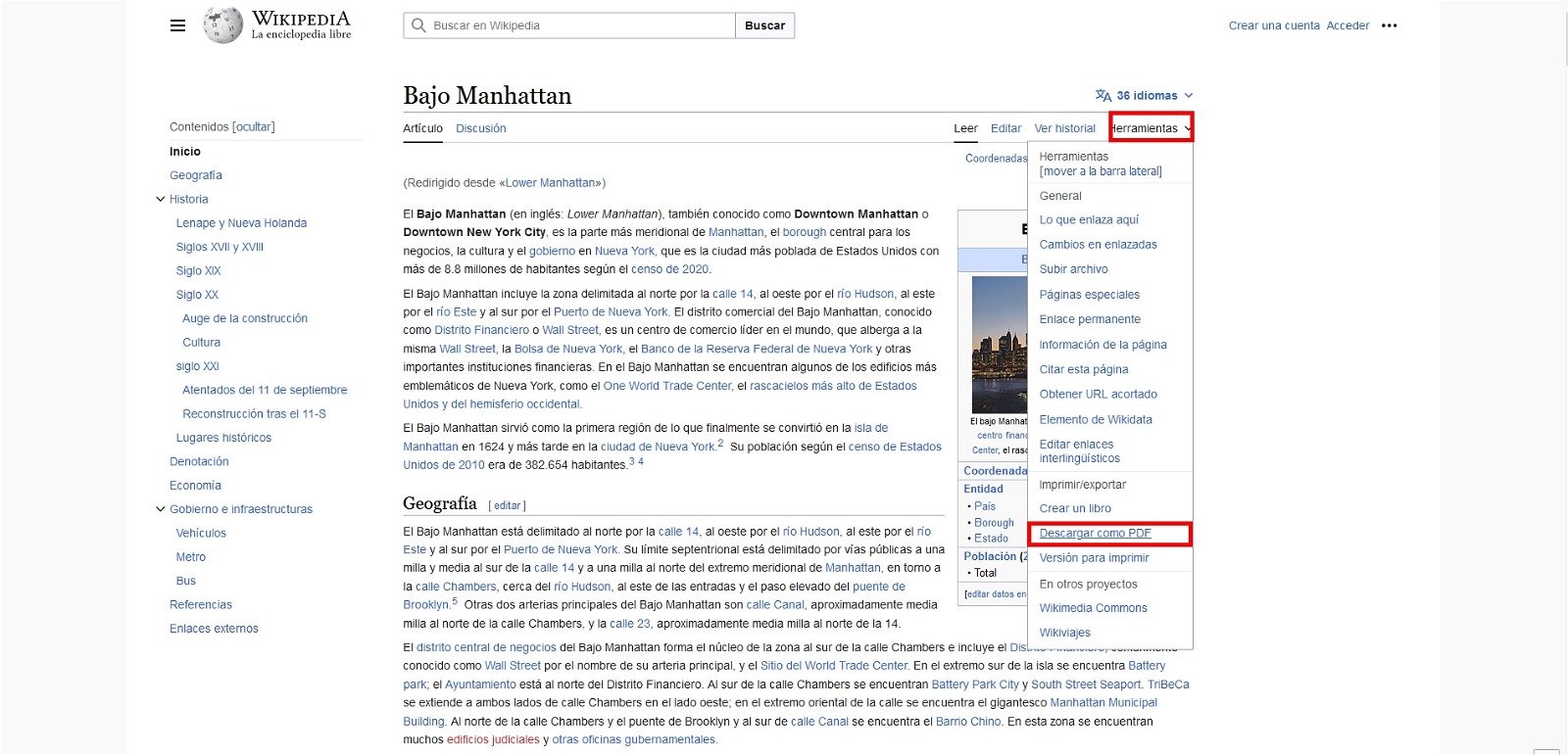 Captura de pantalla de la Wikipedia