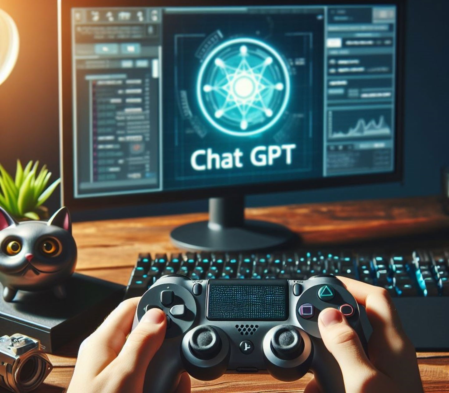 Una persona jugando con un mando frente a un ordenador con ChatGPT en la pantalla.
