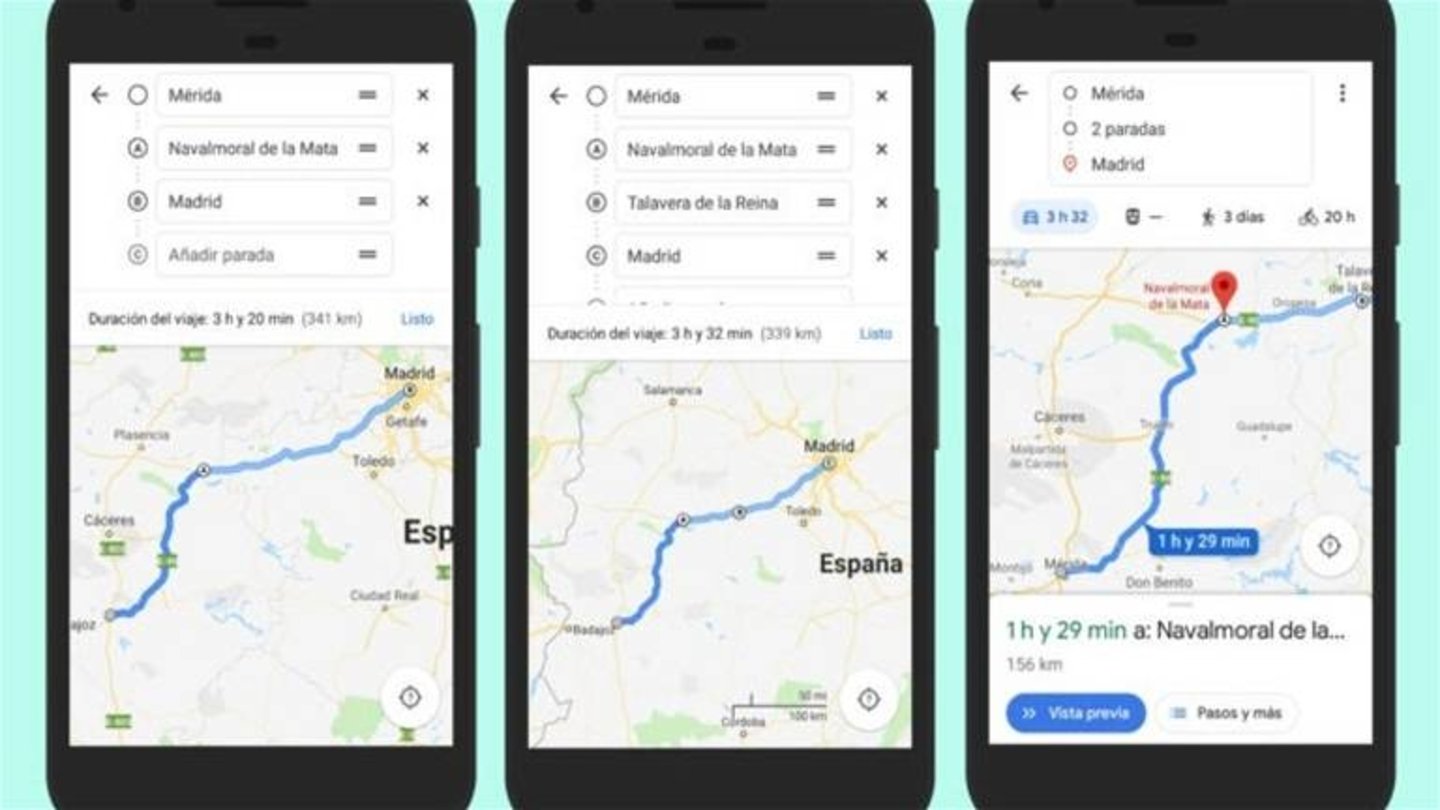 Varias paradas añadidas a una ruta en Google Maps.