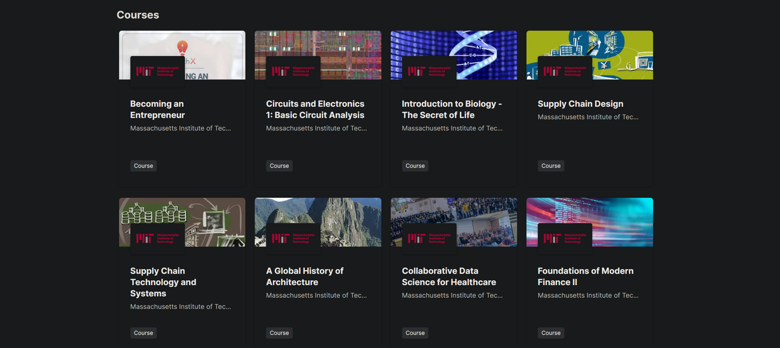 Un pantallazo con los cursos que ofrece el MIT 