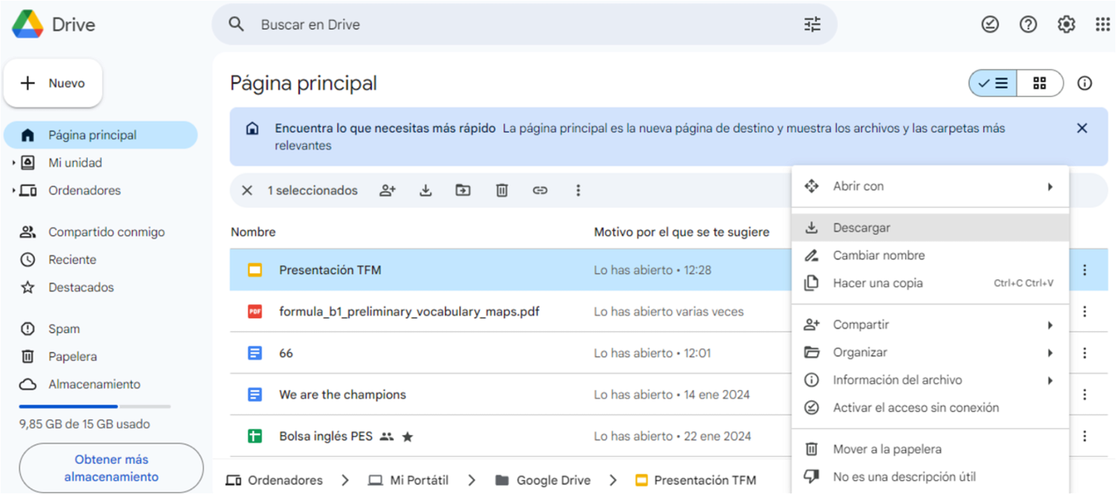 Pasos para descargar una presentación desde Google Drive