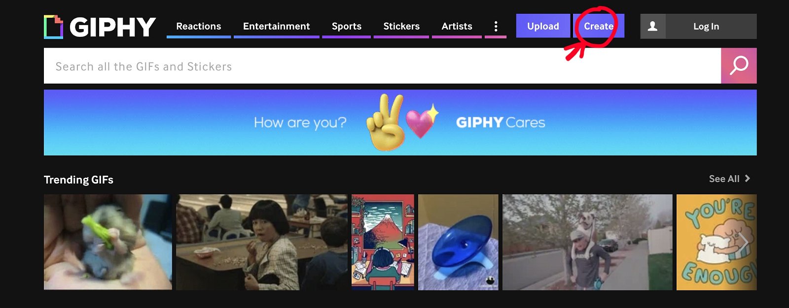 Captura de pantalla de la web de Giphy