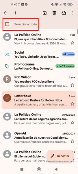 Cómo seleccionar todos los correos de Gmail