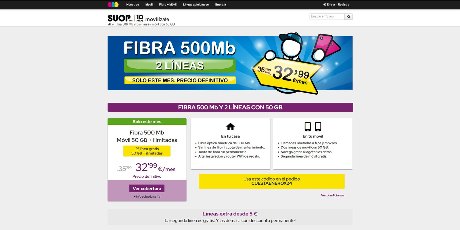 La nueva oferta de Suop no tiene rival: fibra y dos líneas móviles por 32,99 euros al mes