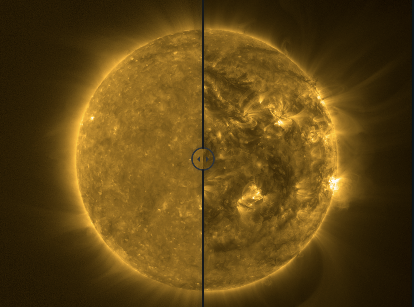 una imagen comparativa del sol en distintas etapas, en 2021 y en 2023